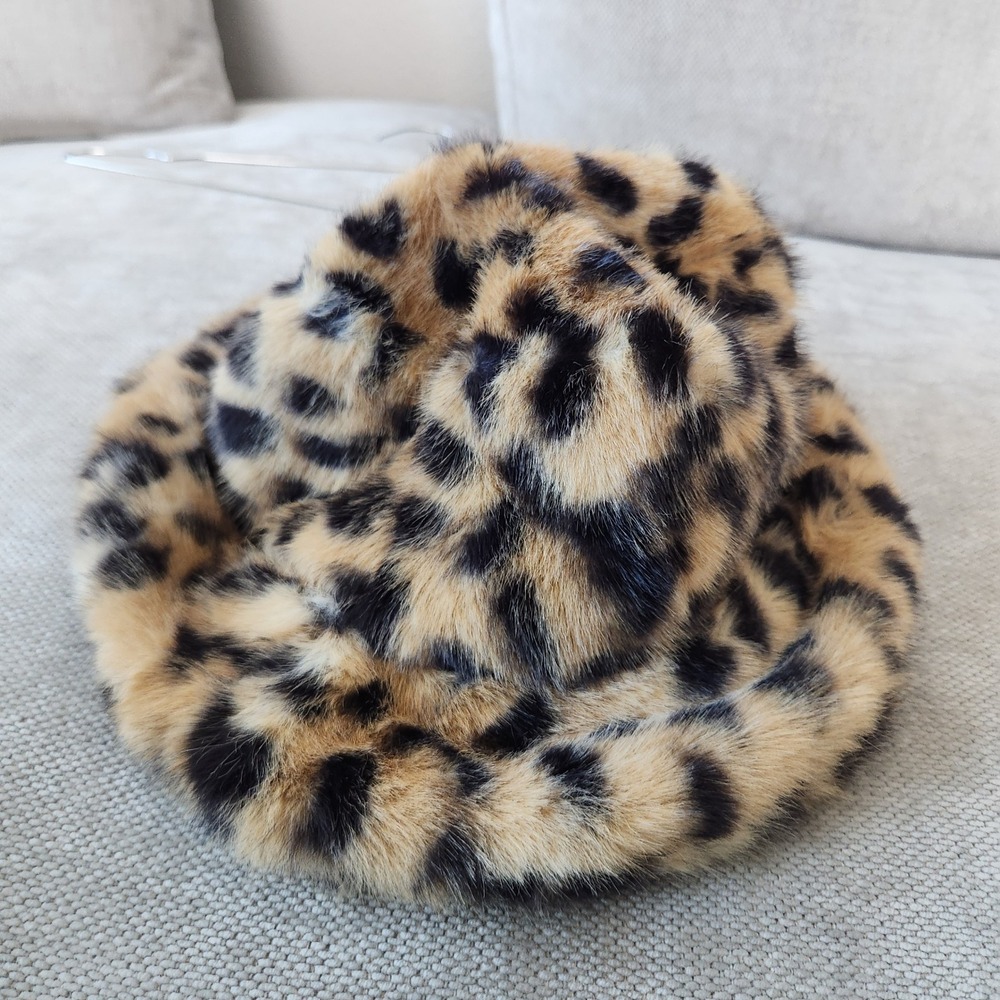 Mango MNG Leopard Print Faux Fur Bucket Hat Brown Black Animal Print NWT